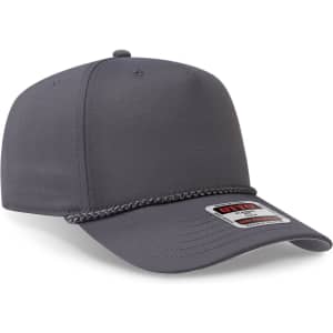 A grey 5 panel mid profile baseball cap with a decorative chain detail and a logo patch on the front.