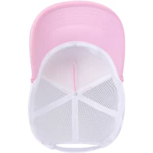 A pink high crown trucker hat with a white air mesh back, featuring a logo on the front.