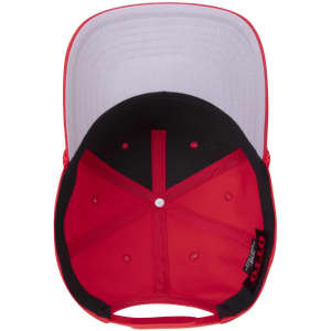 A 5 panel mid profile baseball cap in red and black, featuring a grey interior and a logo.