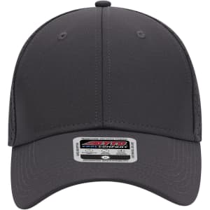 A grey 6 panel low profile baseball cap with a logo and an adjustable strap at the back.