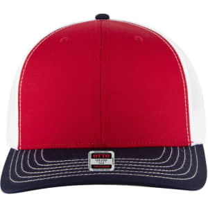 A red and white 6 panel mid-profile trucker cap with a navy peak and a logo on the front.
