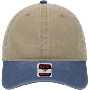 A low-profile dad cap featuring a beige upper with a blue peak and a logo on the front label.