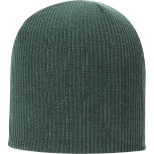 A premium rib knit beanie in a deep green colour, featuring a logo.
