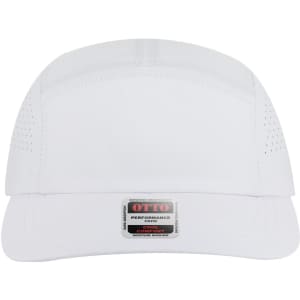 A white 5-panel running hat featuring ventilation holes and a logo on the front.