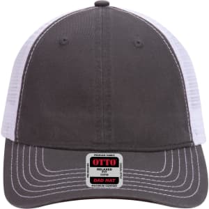 A grey and white 6 panel low profile trucker cap with a logo on the front.