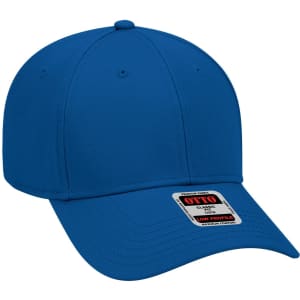 A blue low profile baseball cap with a branding label, featuring a classic six-panel design.