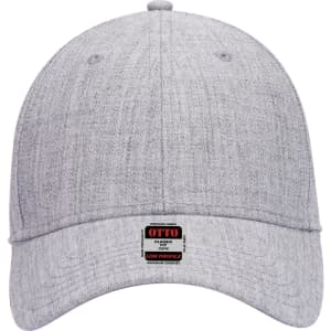 A grey low-profile baseball cap with a branded tag and a curved brim.