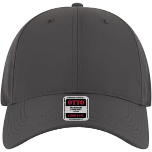 A grey six-panel low profile baseball cap with a logo on the front.