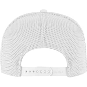 A high crown white trucker hat featuring an air mesh back and an adjustable strap.