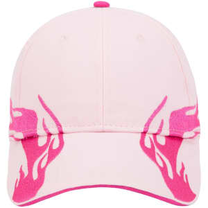 A pink low-profile baseball cap with a flame design and a logo on the front.