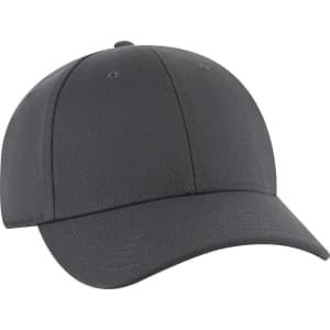 A grey low profile baseball cap featuring a rounded crown and a curved brim, with a logo on the front.
