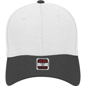A low profile baseball cap featuring a white mesh top and a black peak, with a logo on the front.
