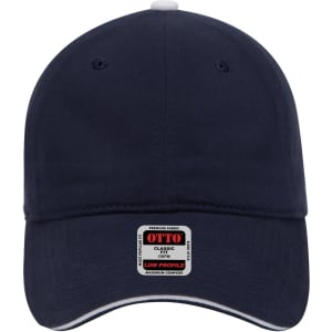 A navy blue 6 Panel Low Profile Dad Cap featuring a logo and white detailing around the brim.