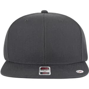 A grey mid-profile snapback cap featuring a flat brim and an adjustable snap closure. It has a logo on the front.