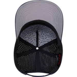 A 5 panel mid-profile baseball cap in navy and grey, featuring a branded interior and ventilation holes.