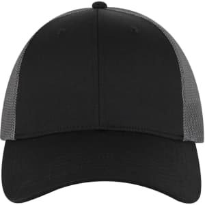 A black low profile trucker cap with grey mesh sides and a logo on the front.