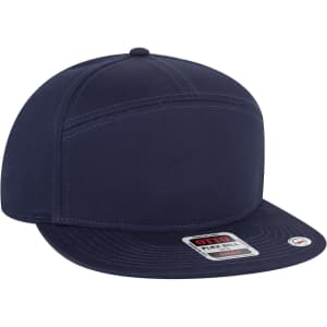 A navy blue 7 Panel Mid Profile Snapback Cap with a flat brim and a logo on the front.