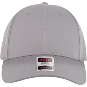 A grey low profile baseball cap with six panels and a branded tag at the front.