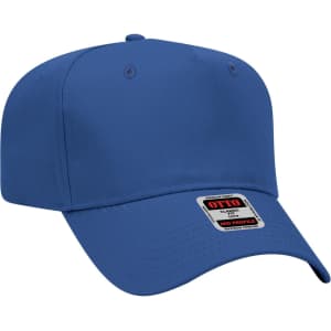 A blue 5 panel mid crown baseball cap with a brand label attached. The cap has a structured design and a flat brim.