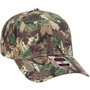 A camouflage-patterned six-panel low-profile baseball cap featuring earthy green and brown tones. Includes a logo.