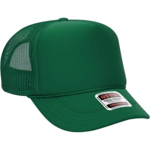 A green 5 Panel High Crown Trucker Cap with a mesh back and a logo on the front.
