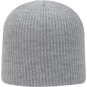 A grey premium rib knit beanie featuring a snug fit and a simple design, with a logo on the side.