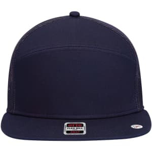 A navy 7 panel trucker cap featuring a flexible bill and mesh sides, with an unobtrusive logo on the front.