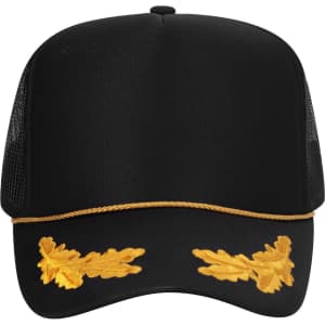 A black 5 panel high crown trucker cap with mesh sides and gold embroidered oak leaves. Features a decorative gold rope.