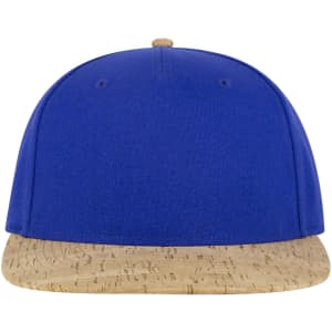 A cap featuring a blue crown and a cork brim, with a flat design and a logo on the front.