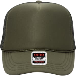 A green 5 Panel High Crown Trucker Cap with a foam front and mesh sides, featuring a branding label.