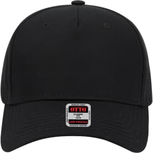 A black 5 panel low profile baseball cap with a logo on the front and a rectangular brand label.