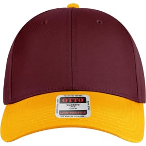 A low profile baseball cap featuring a maroon crown and a yellow visor, complete with a logo on the front.