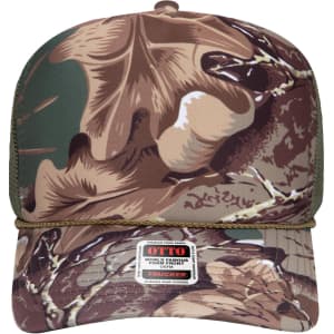 A high crown trucker cap featuring a camouflage design in green, brown, and tan, with a logo on the front.