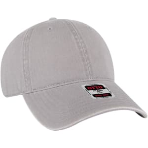 A grey 6 panel low profile dad cap with a curved brim and a logo on the front.