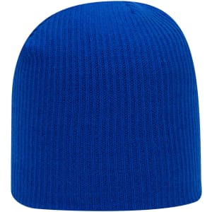 A blue rib knit beanie with a seamless design and a logo on the side.