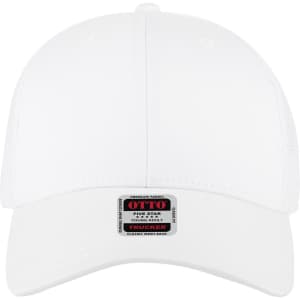A white youth low profile trucker cap featuring a branded tag. The cap has a classic six-panel design.