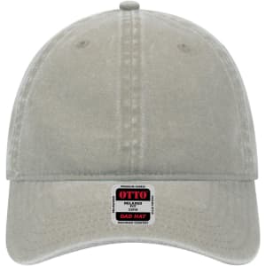 A grey, 6 panel low profile dad cap with a logo label on the front.