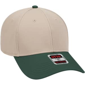 A beige and green six-panel low profile baseball cap with a logo displayed on the front.