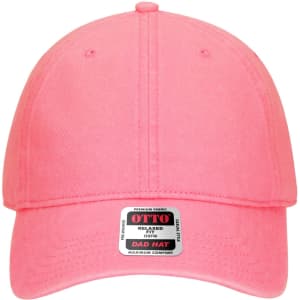 A pink 6 panel low profile dad cap featuring a logo on the front and a relaxed fit for comfort.