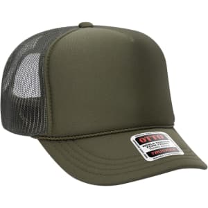 A high crown trucker cap in olive green with a mesh back and a logo label on the front.