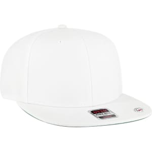A white 6 panel mid-profile snapback cap with a green undervisor, featuring a logo on the side.