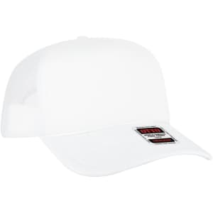 A white 5 panel high crown trucker cap with a mesh back and a logo patch on the front.