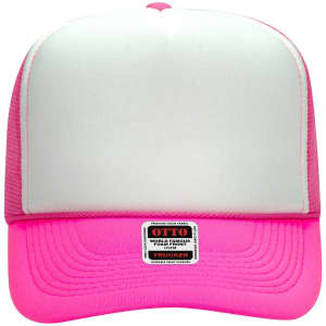 A pink and white 5 Panel High Crown Trucker Cap with a logo on the front.
