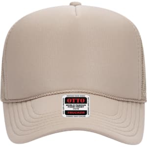 A beige 5 panel mid profile trucker cap with a curved brim and a logo label on the front.