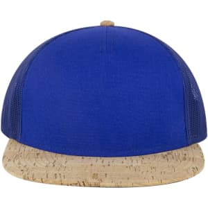 A blue trucker cap featuring a cork peak and mesh sides, with a wooden button on top.