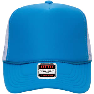 A vibrant blue 5 Panel High Crown Trucker Cap with a foam front and a mesh back, featuring a logo label.