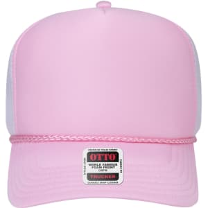 A pink 5 Panel High Crown Air Mesh Back Trucker Hat with a white mesh back and a logo.