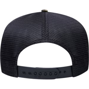 A black high crown mesh back trucker hat with an adjustable strap and a logo on the back.