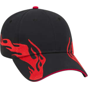 A black low profile baseball cap featuring red flame designs and a red accent on the brim. It has a logo.