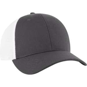 A grey and white Flex Fit 6 Panel Low Profile Trucker Cap with a logo on the front.